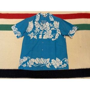 Vintage Hilo Hattie Hawaiian Shirt Mens Sz XL Blue Floral Aloha Made in USA